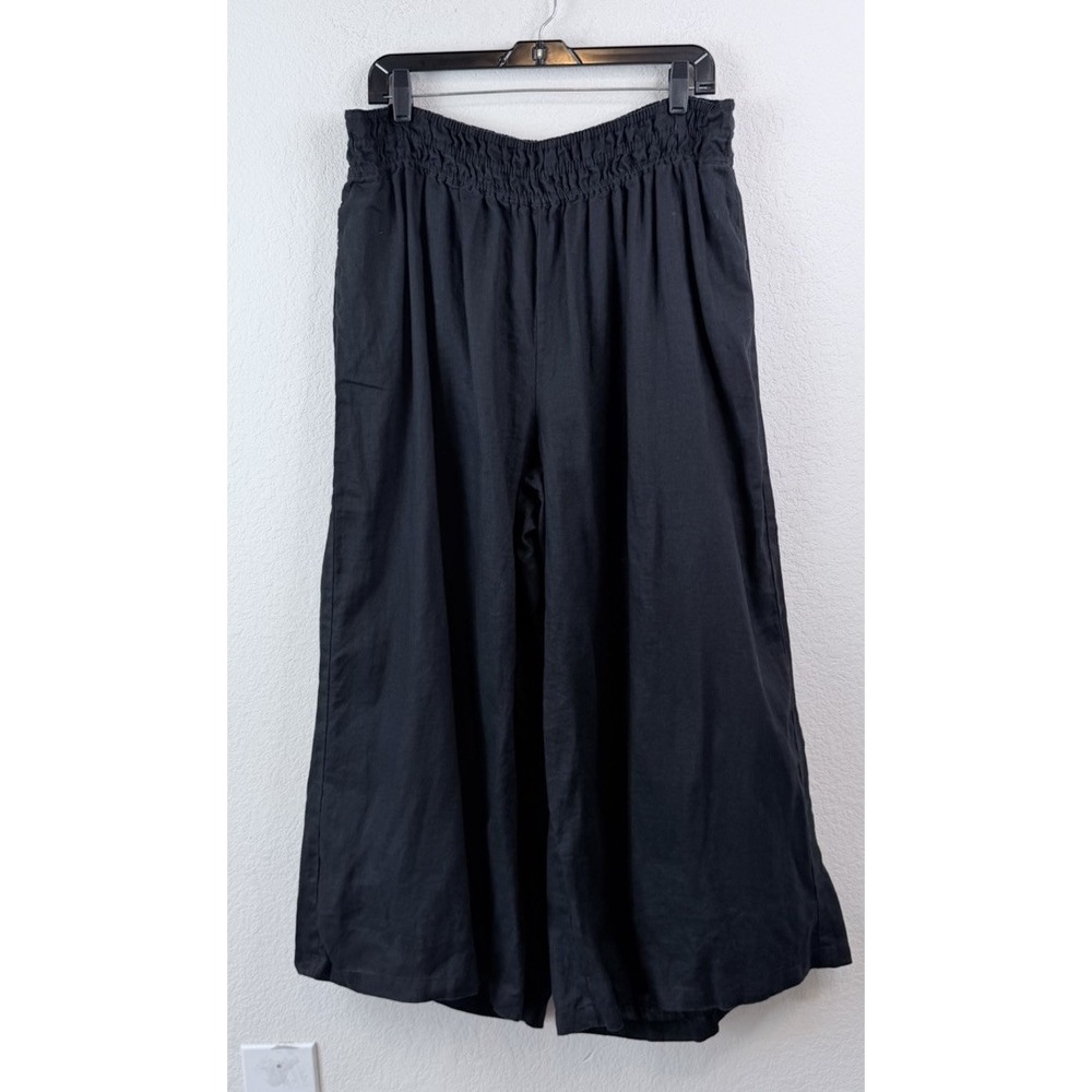 Anthropologie 100% Linen Culotte Pants 1X Black Wide Leg Pull On Lagenlook Beach